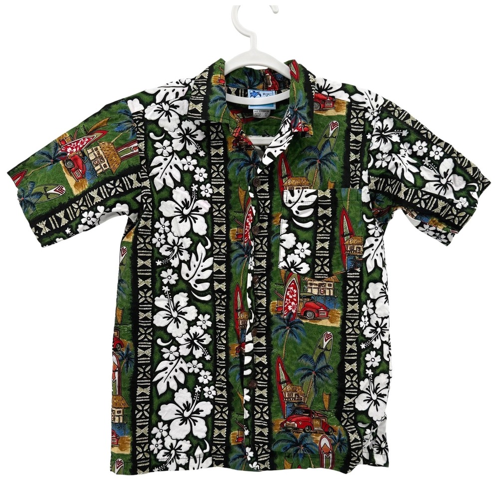 RJC Green Hawaiian Shirt Surfboard Woodie Car Tropical Style Kids Size 12 USA